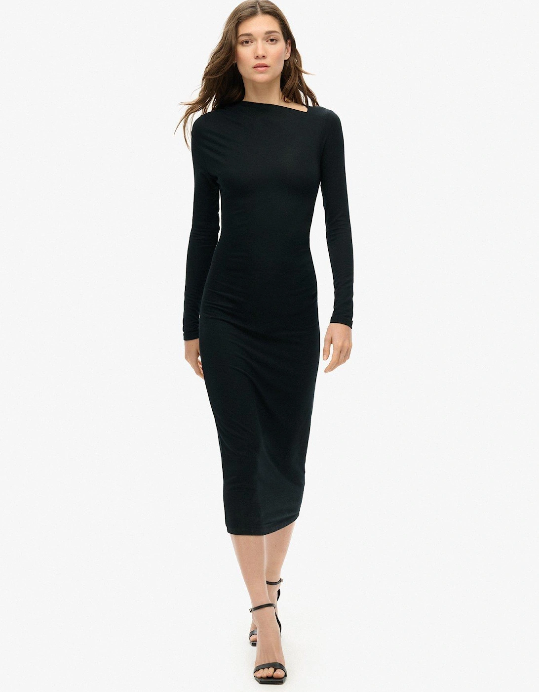 Long Sleeve Ruched Midi Dress - Black, 2 of 1