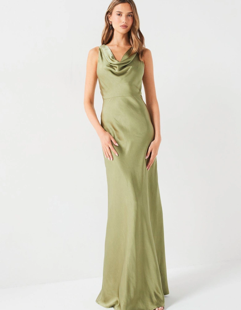 Cowl Front Satin Bridesmaid Dress - Moss Green