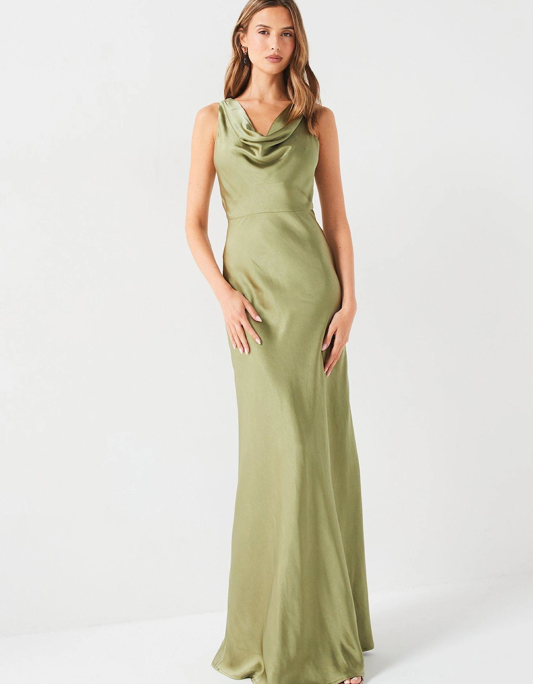 Cowl Front Satin Bridesmaid Dress - Moss Green, 7 of 6