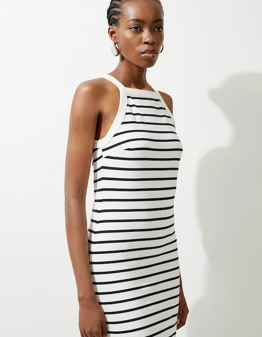 Stripe Stretch Cotton Jersey Halter Midi Dress