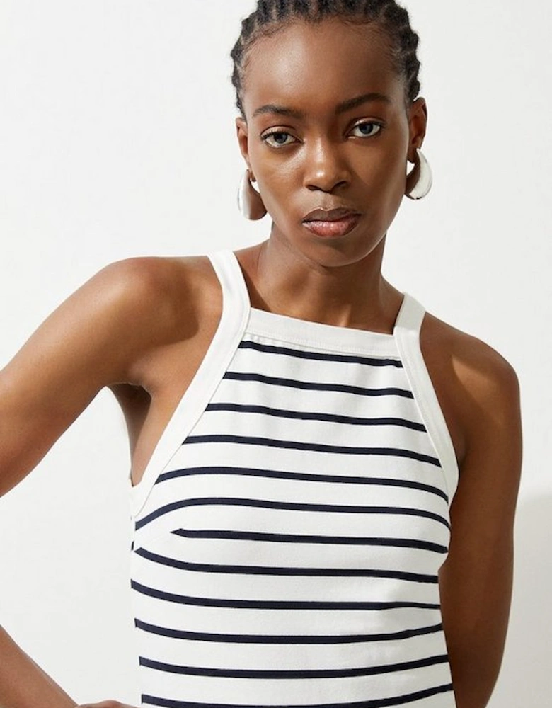 Stripe Stretch Cotton Jersey Halter Midi Dress