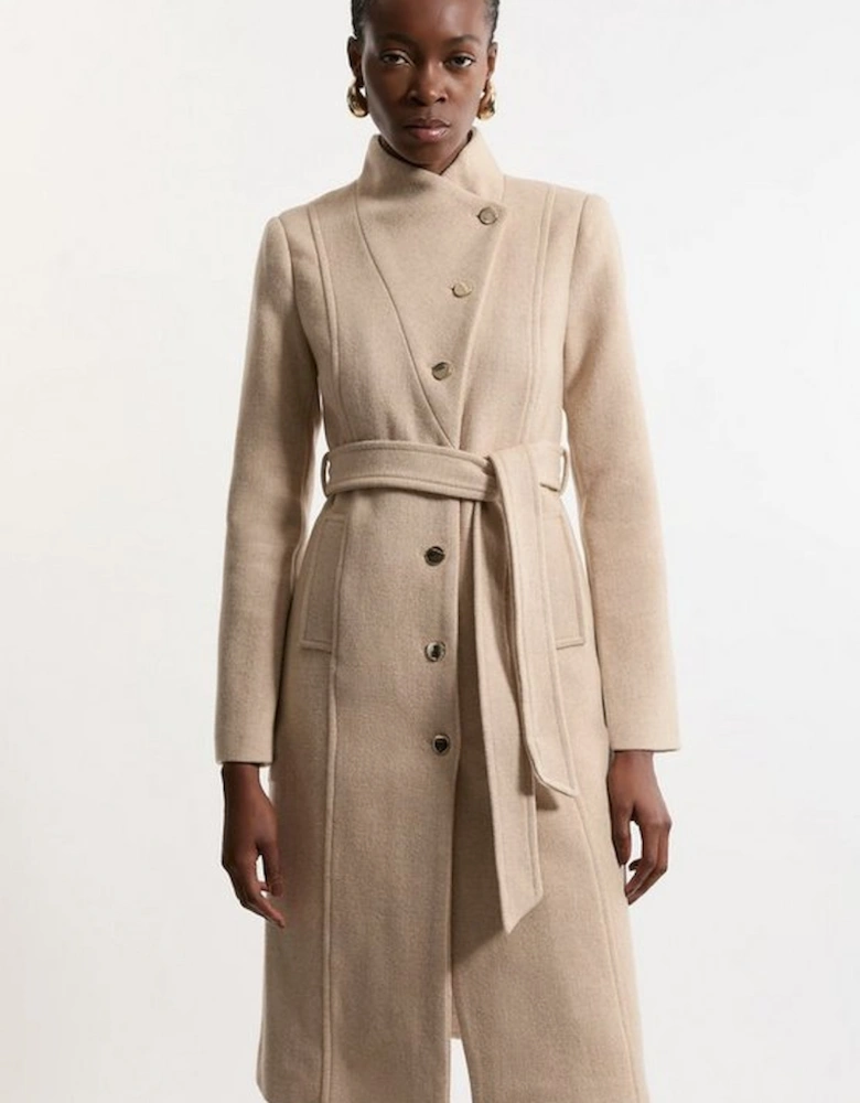 Tailored Wool Blend Asymmetric Button Neck Belted Midi Coat