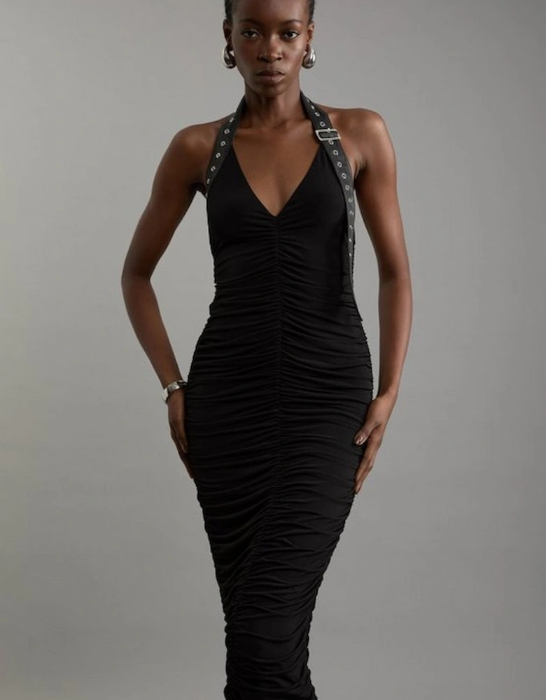 Petite Jersey Crepe And Pu Mix Halter Maxi Dress