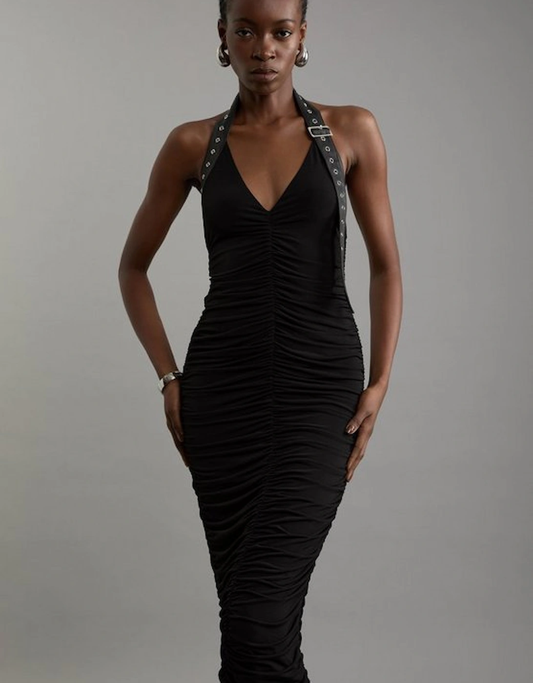 Petite Jersey Crepe And Pu Mix Halter Maxi Dress, 4 of 3