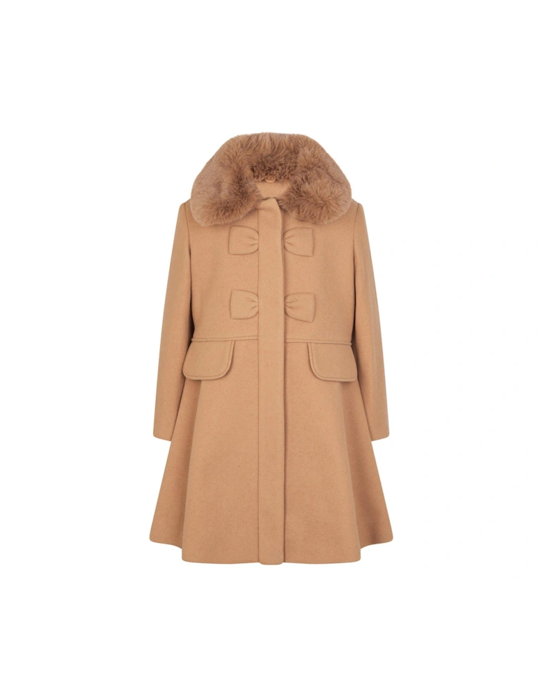 Girls Faux Fur Collar Bow Swing Coat - Camel