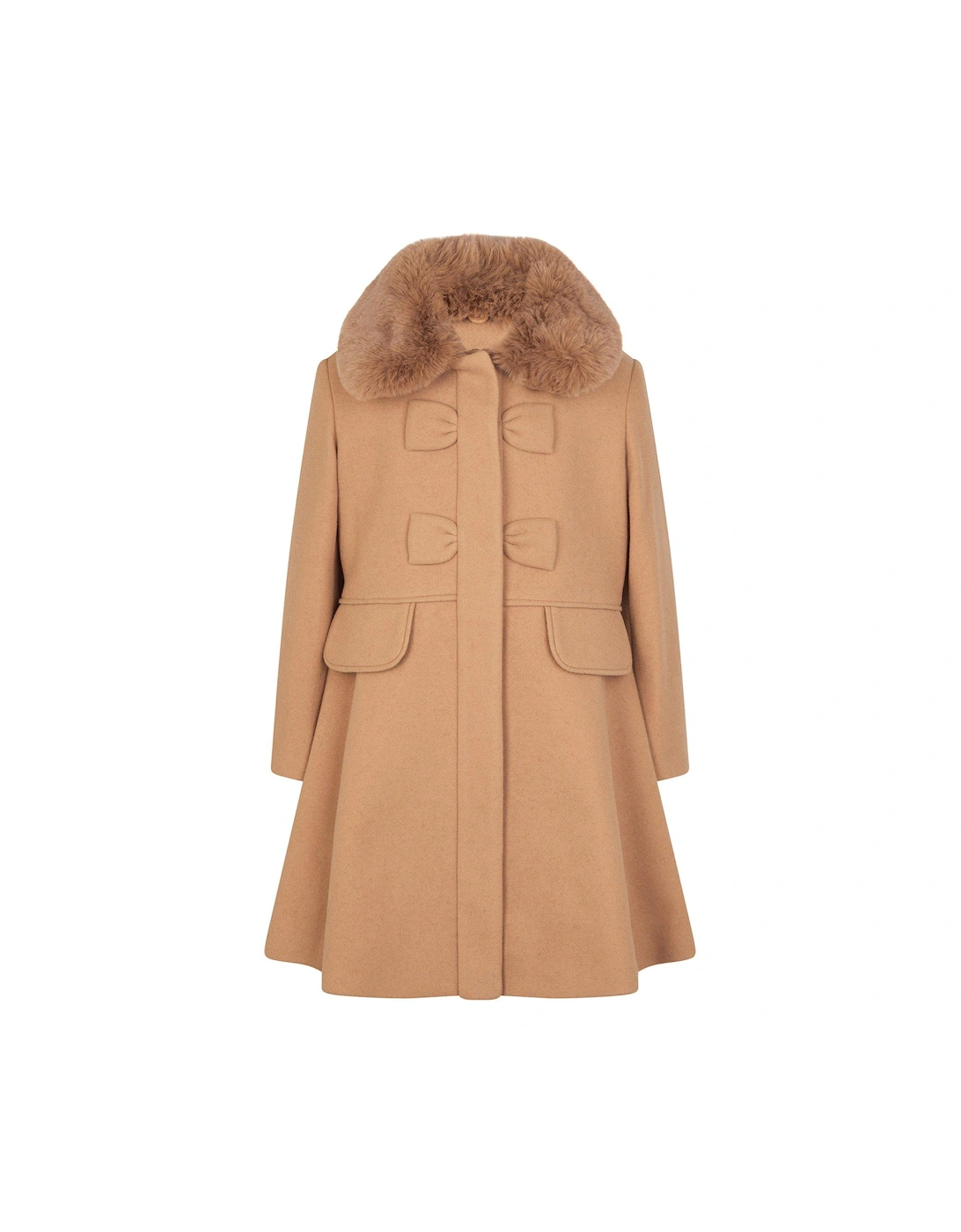 Girls Faux Fur Collar Bow Swing Coat - Camel, 2 of 1