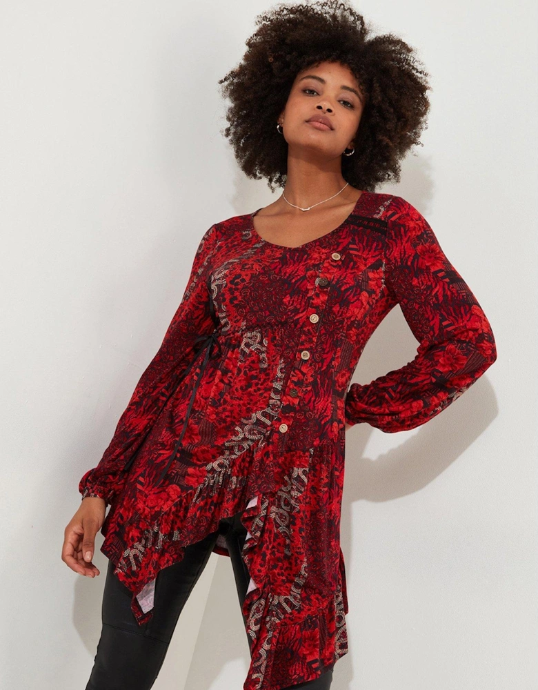 Button Detail Jersey Tunic Top - Red