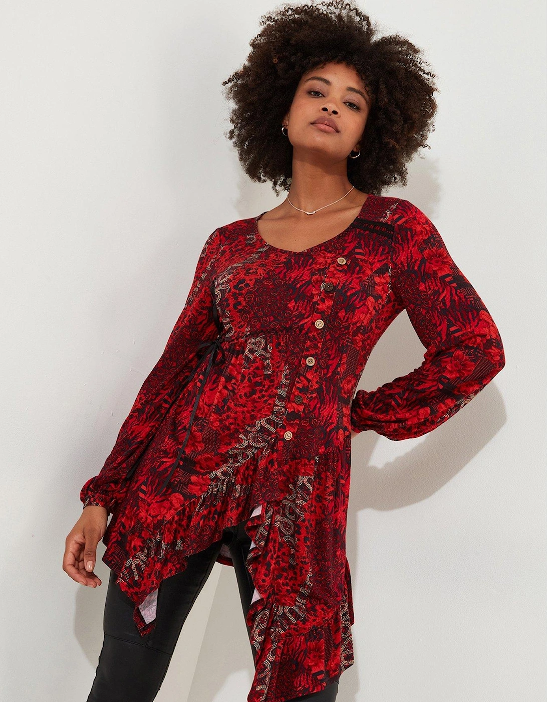 Button Detail Jersey Tunic Top - Red, 7 of 6