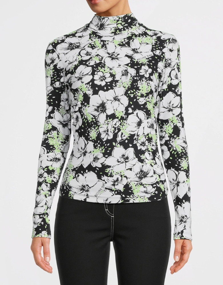 Floral Print Roll Neck Long Sleeve Jersey Top - Black