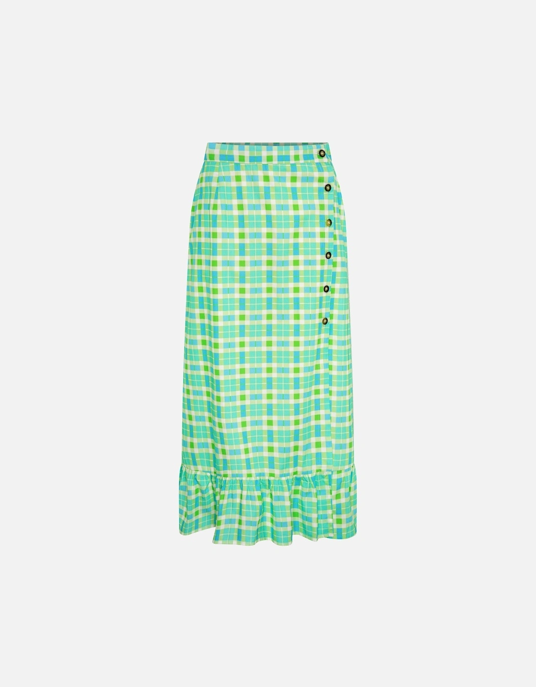 Adria Check Print Side Button Frill Hem Skirt in Green