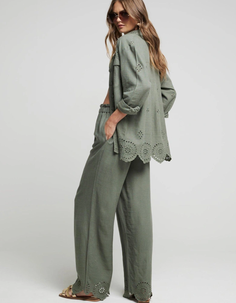 Linen Broderie Trouser - Khaki