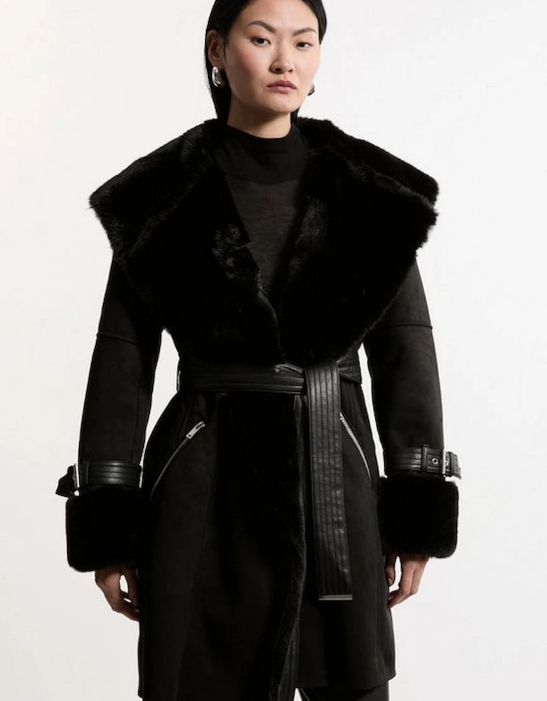 Faux Shearling Collar & Cuff Belted Short Coat