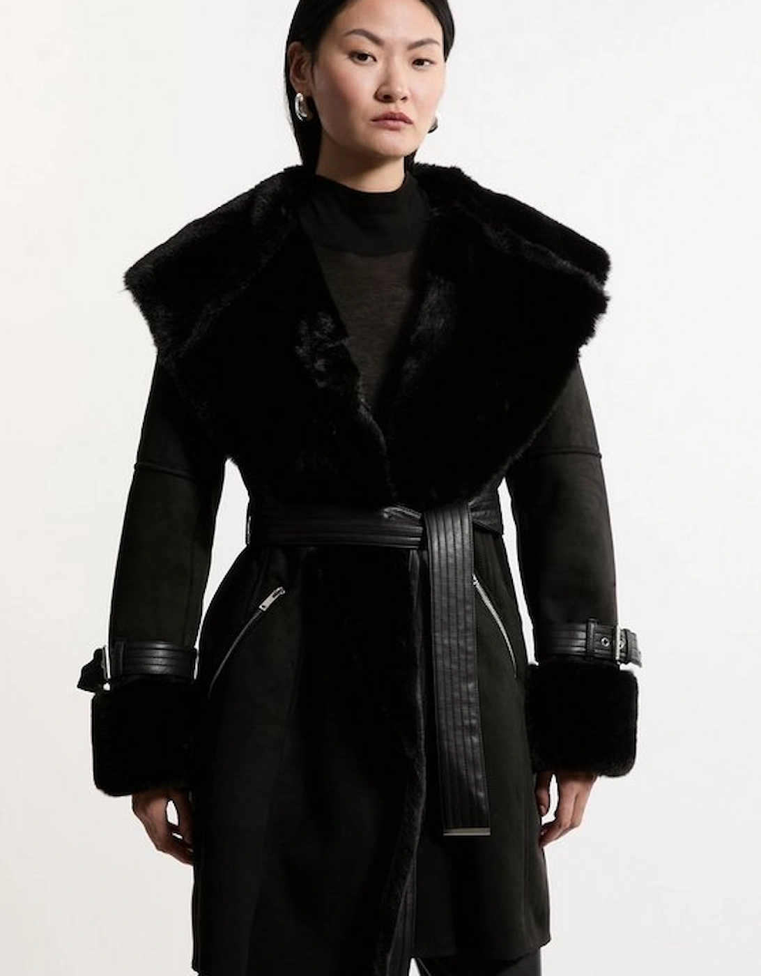 Faux Shearling Collar & Cuff Belted Short Coat, 2 of 1