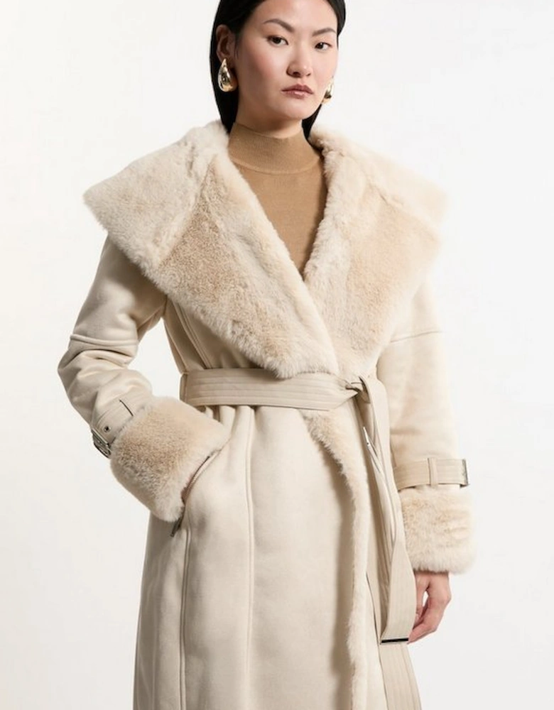Faux Shearling Collar & Cuff Belted Short Coat