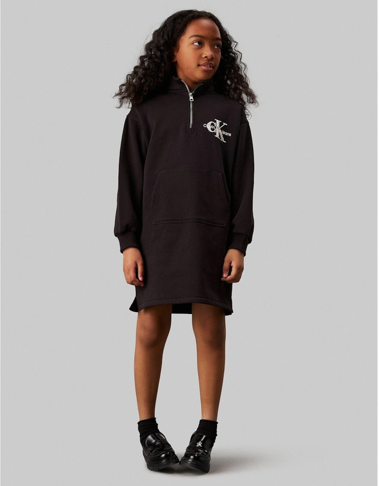 Girls Teddy Monogram Zip Fleece Dress - Black