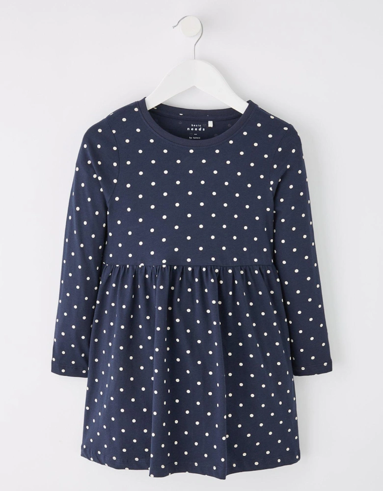 Mini Girls Spot Jersey Long Sleeve Dress - Dark Sapphire