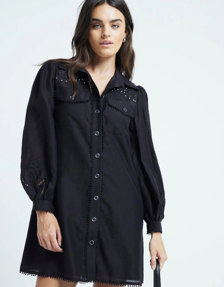 Studded Cutwork Shirt Dress - Black