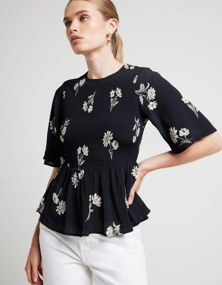 Shirred Peplum Top - Black