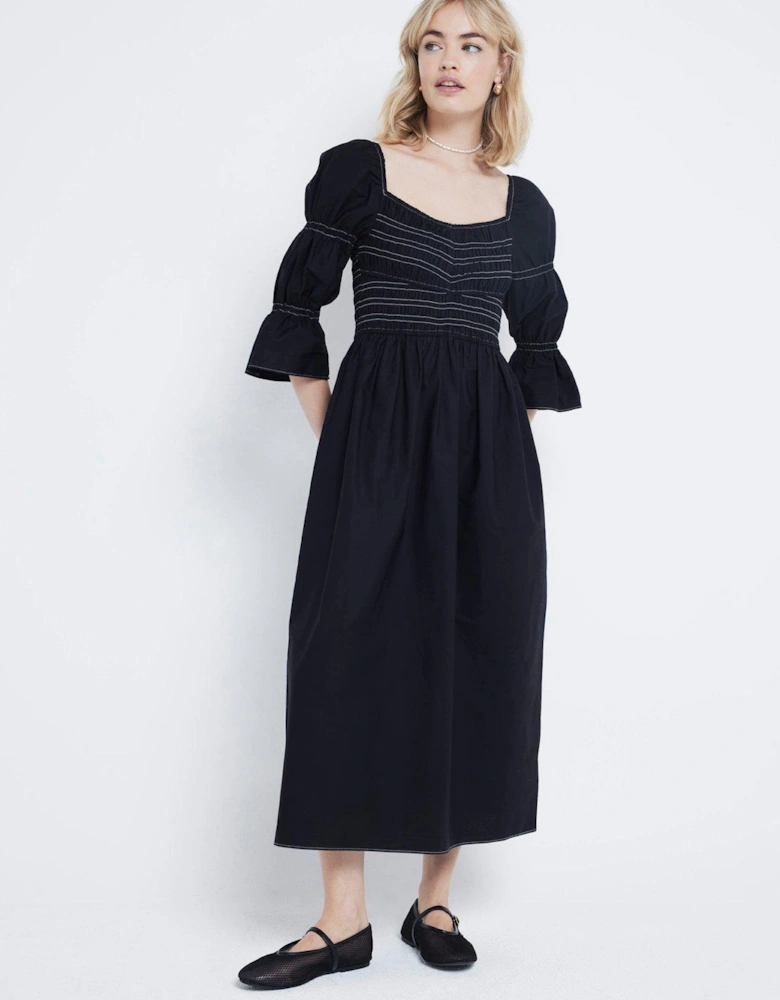 Shirred Detail Midi Dress - Black