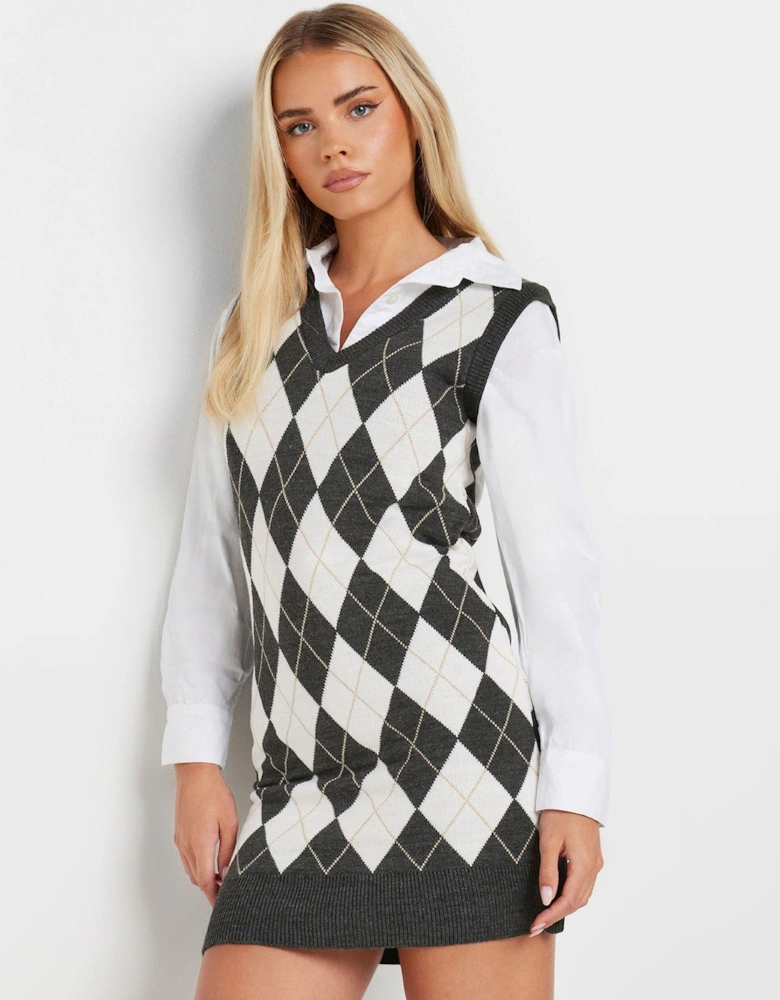 Petite Argyle Check Vest Dress - Black/White