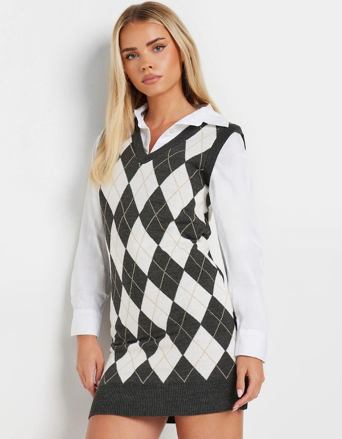 Petite Argyle Check Vest Dress - Black/White, 2 of 1