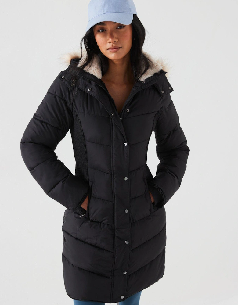 Waist Detail Padded Coat - Black