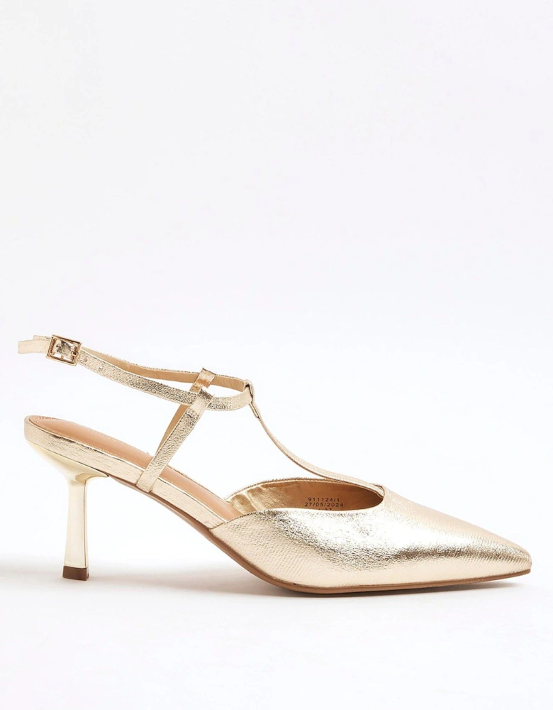 T-Bar Heeled Court Shoe - Gold