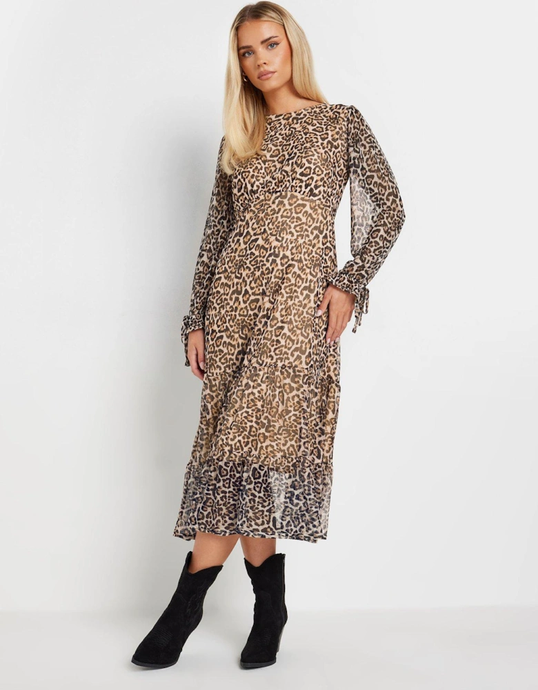 Petite Animal Long Sleeve Mesh Tiered Midi Dress