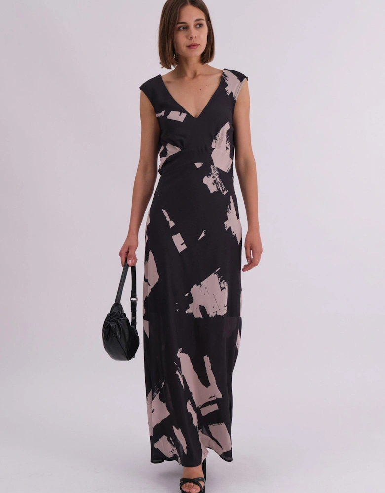 Dawn Maxi Column Dress With Draped Back Detail In Hand-Painted Print - Black