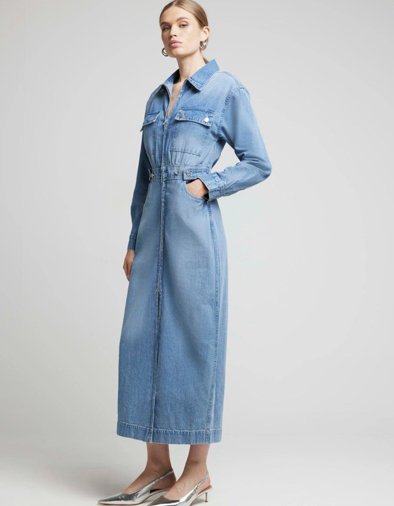 Denim Utility Midi Dress - Blue