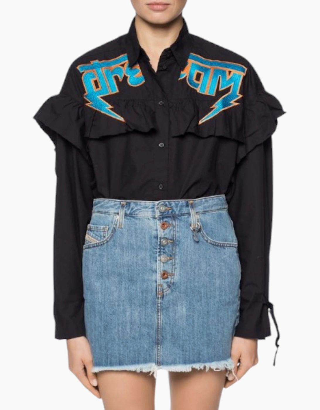 Women's DIESEL C BUL 0BAST Womens Oversize Shirt Embroidered Ladies Long Cotton Black - Size: 10/8