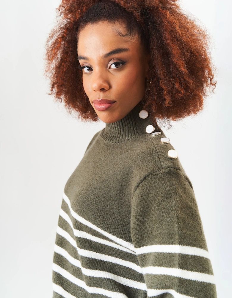 Khaki High Neck Stripe Oversized Jumper