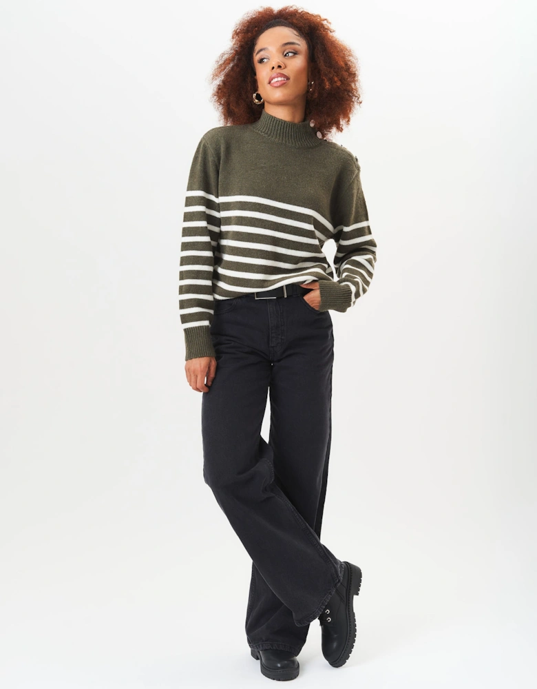 Khaki High Neck Stripe Oversized Jumper