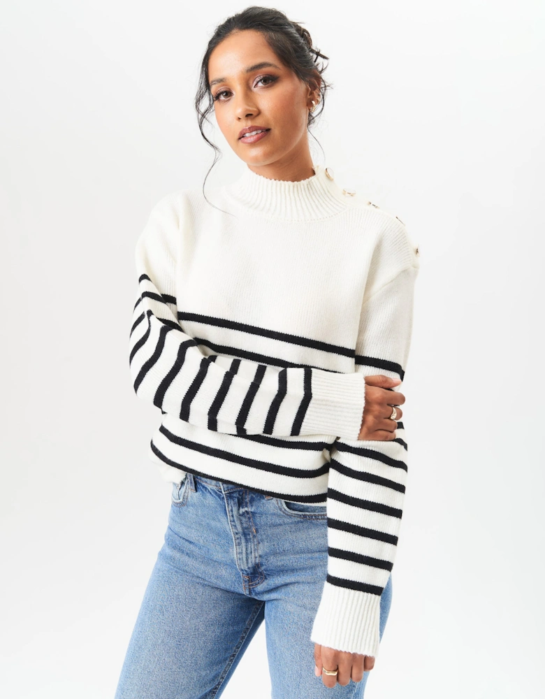 Cream High Neck Stripe Oversized Jumper