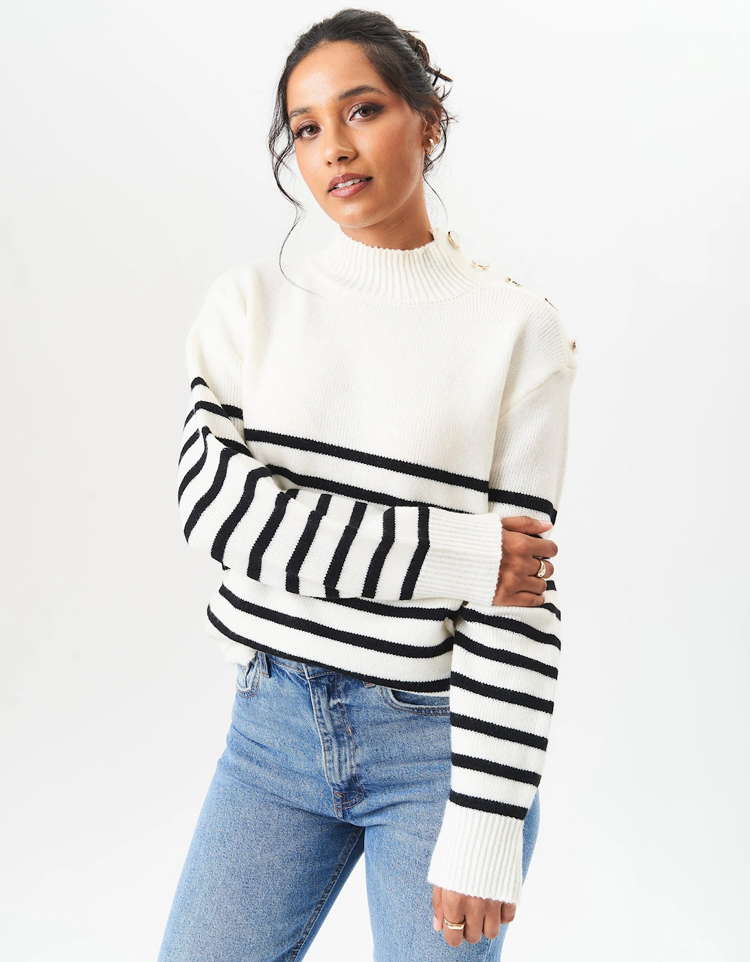 Cream High Neck Stripe Oversized Jumper, 5 of 4