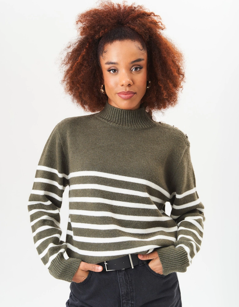 Khaki High Neck Stripe Oversized Jumper