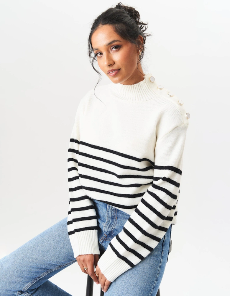 Cream High Neck Stripe Oversized Jumper