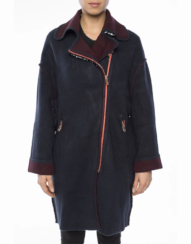 M BICE Womens Trench Coat Virgin Wool Navy Jacket Winter Warm Overcoat M