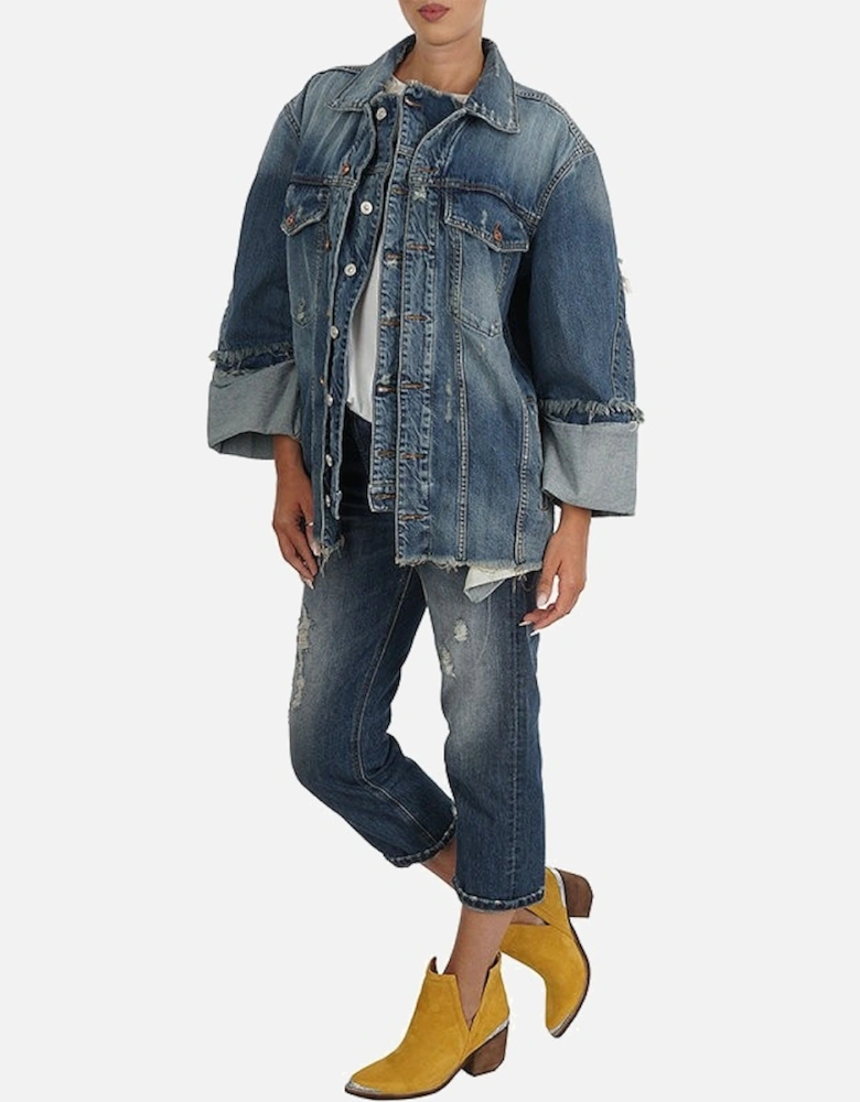 DE VISEMAC Womens Denim Jacket Long Sleeve Distressed Blue Western Jacket