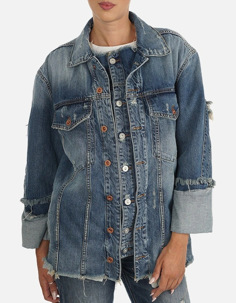 DE VISEMAC Womens Denim Jacket Long Sleeve Distressed Blue Western Jacket