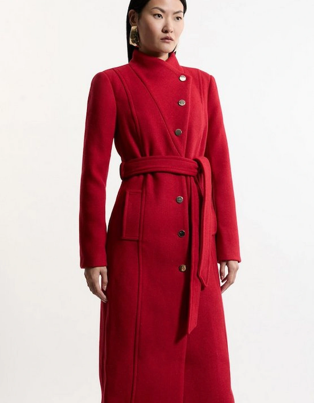 Petite Tailored Wool Blend Asymmetric Button Neck Belted Midi Coat, 4 of 3