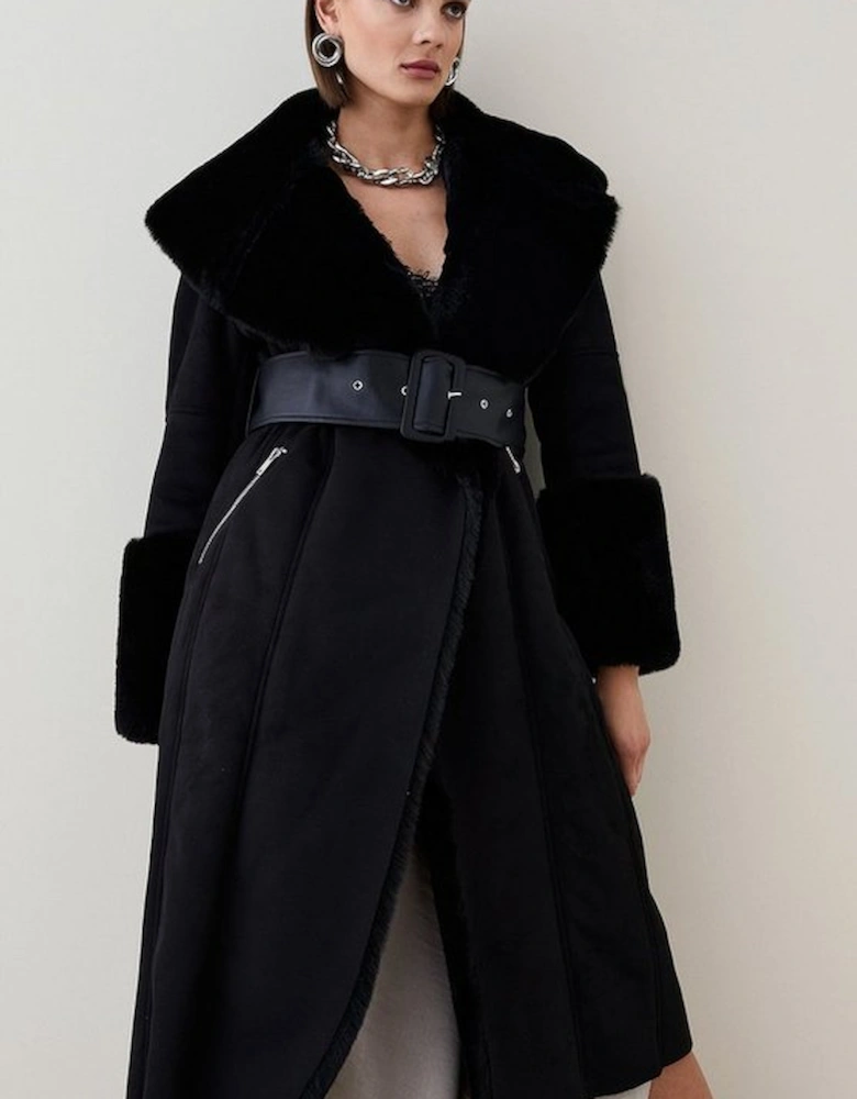 Petite  Faux Shearling Collar & Cuff Belted Long Coat