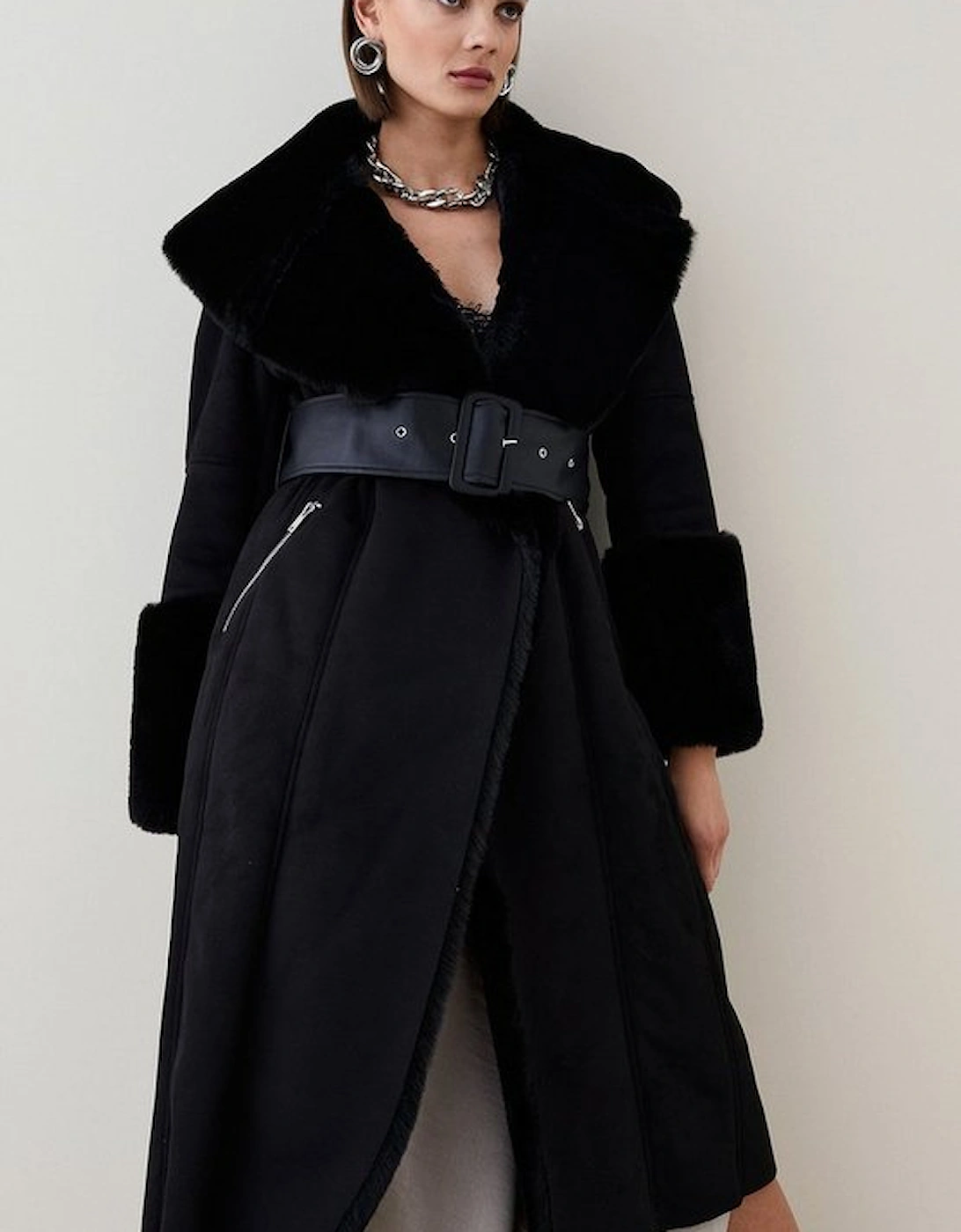 Petite  Faux Shearling Collar & Cuff Belted Long Coat, 6 of 5