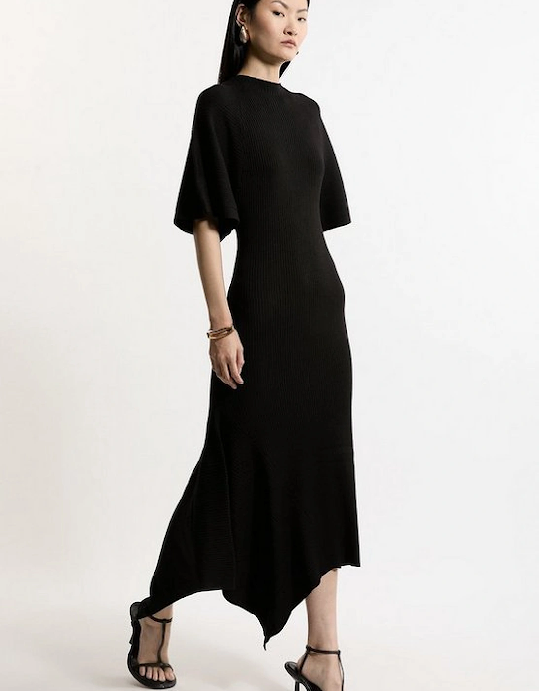 Viscose Blend Angel Sleeve Rib Knitted Midi Dress, 5 of 4