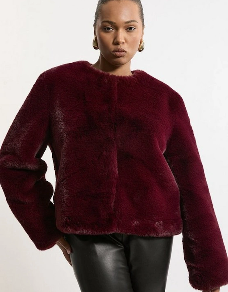 Plus Size Collarless Faux Fur Jacket