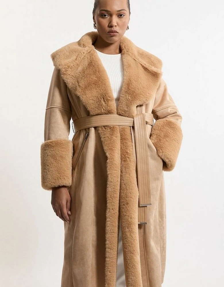 Plus Size Faux Shearling Collar & Cuff Belted Long Coat