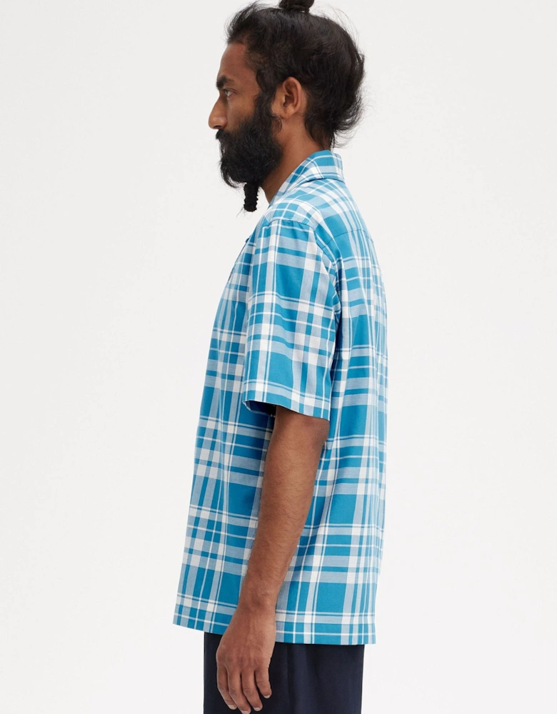 M7828 Revere Collar Tartan Shirt Blue
