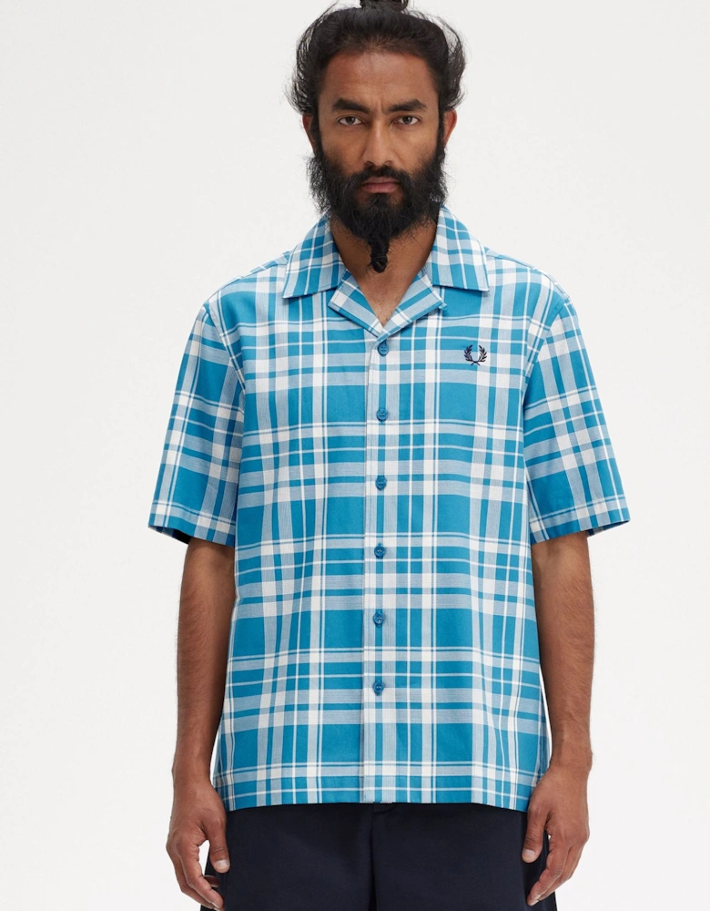 M7828 Revere Collar Tartan Shirt Blue