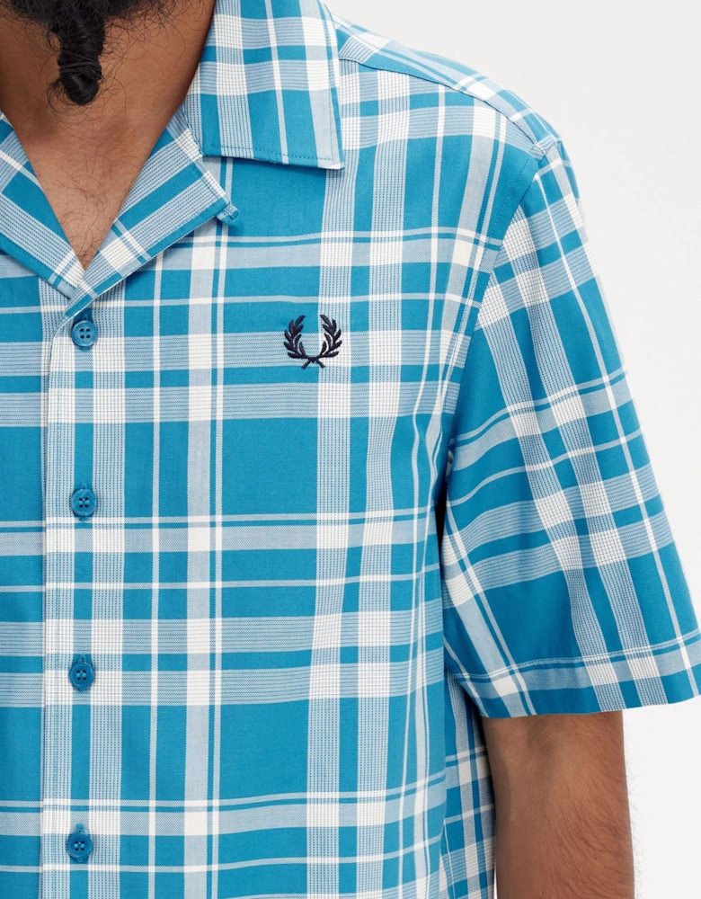 M7828 Revere Collar Tartan Shirt Blue