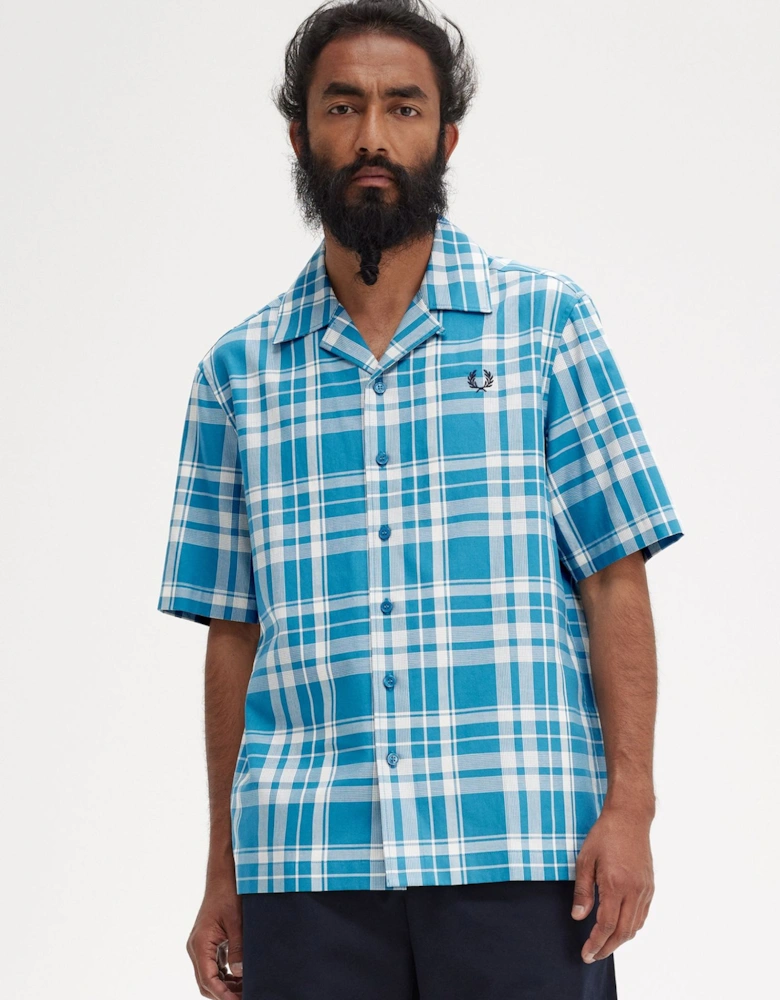 M7828 Revere Collar Tartan Shirt Blue